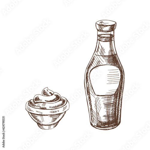A set of hand-drawn sketches of ketchup or sauce in a glass jar and in a bowl. For the design of the menu of restaurants and cafes, grilled food. Doodle vintage illustration. Engraved image.