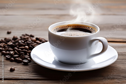 a cup of black coffee in white mug and saucer with steam and coffee beans on wooden table