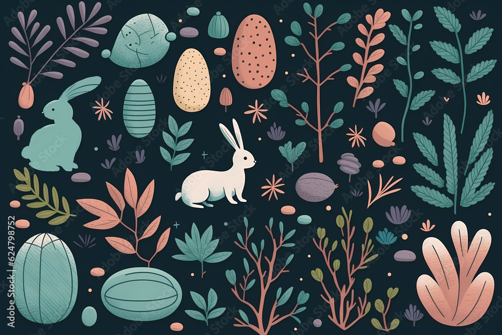 Easter background of images of eggs, plants and Easter bunnies on a black background Easter background of images of eggs, plants and Easter bunnies on a black background