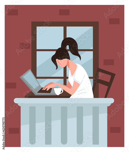Female character working on computer on balcony vector