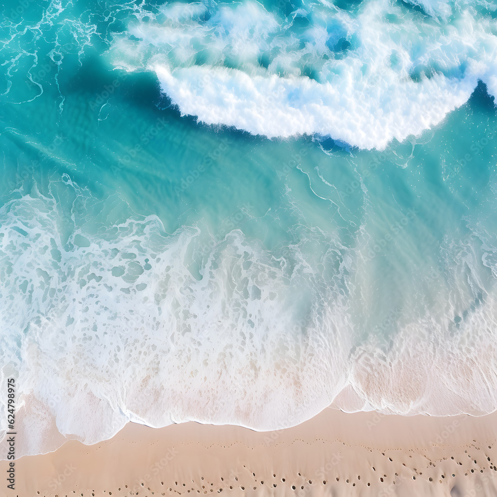 Overhead photo of crashing waves on the shoreline  beach. Tropical beach surf. Abstract aerial ocean view