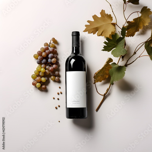  Wine bottle for mockup with gardening, grapes, with copy space, for wedding, anniversary, greeting card