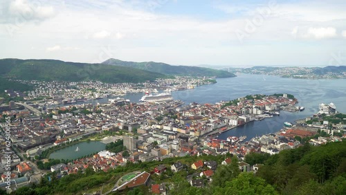 BERGEN, NORWAY - 2014 JUN 05: A beautiful top view of the port of Bergen from the observation deck on the mountain Floyen (Floien). A bird's-eye view of the entire city and port photo