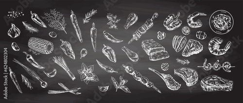 A set of hand-drawn sketches of barbecue and picnic elements on chalkboard background.  Doodle vintage illustration. Engraved image.