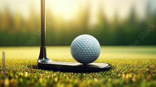 a golf ball on a golf club on a beautiful freshly cut lawn. Generative AI