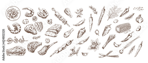 A set of hand-drawn sketches of barbecue and picnic elements. For the design of the menu of restaurants and cafes, grilled food. Doodle vintage illustration. Engraved image. © Mariia Mazaeva