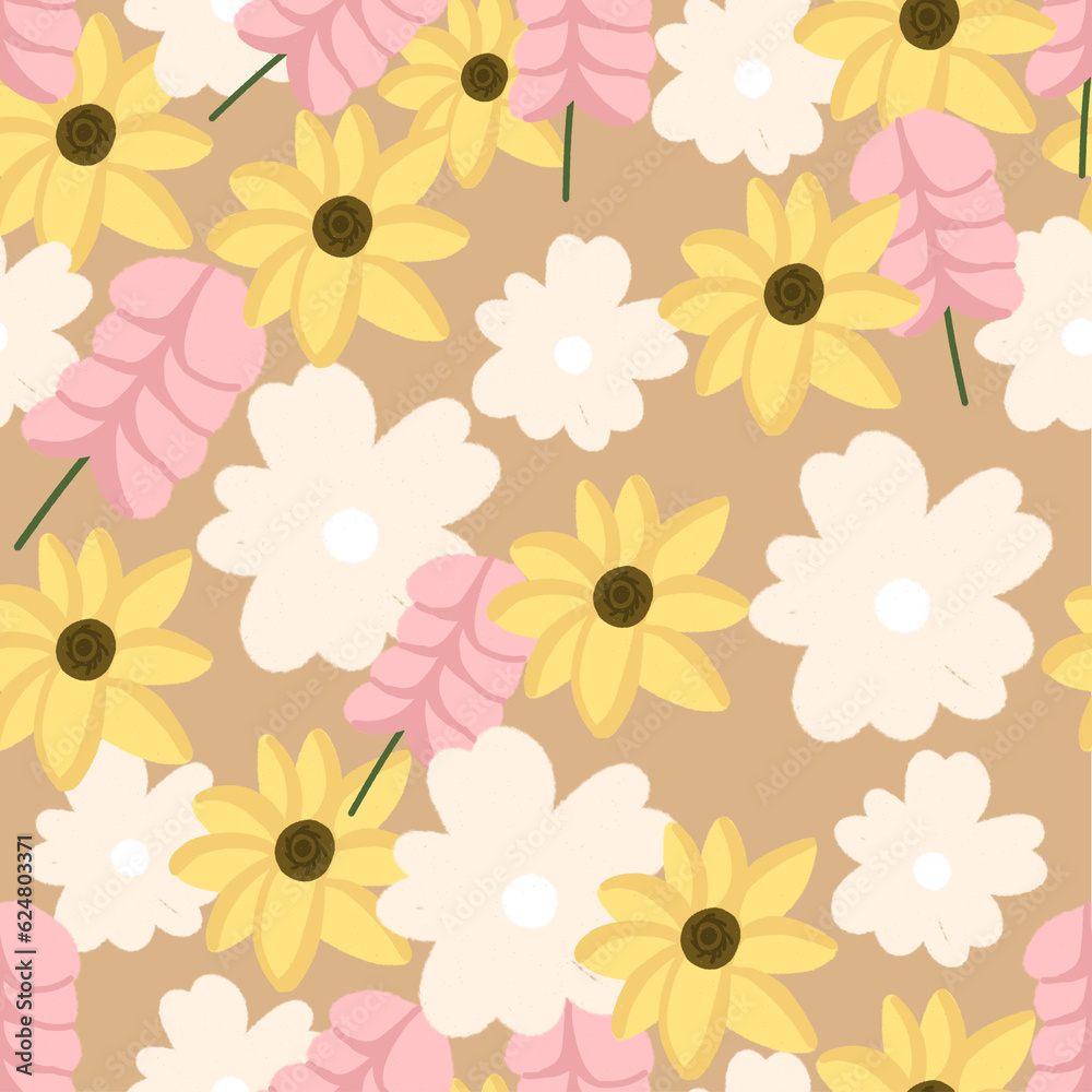 various flower seamless pattern isolated on brown background