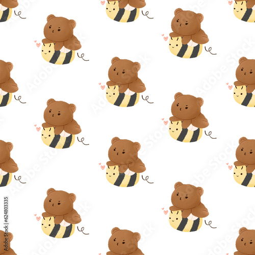 seamless pattern flying bear and bee isolated on white