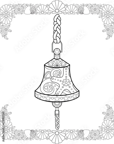 Ship's bell with shell borders - vector linear picture for coloring. Outline. Coloring book with a ship's bell, for a coloring book.