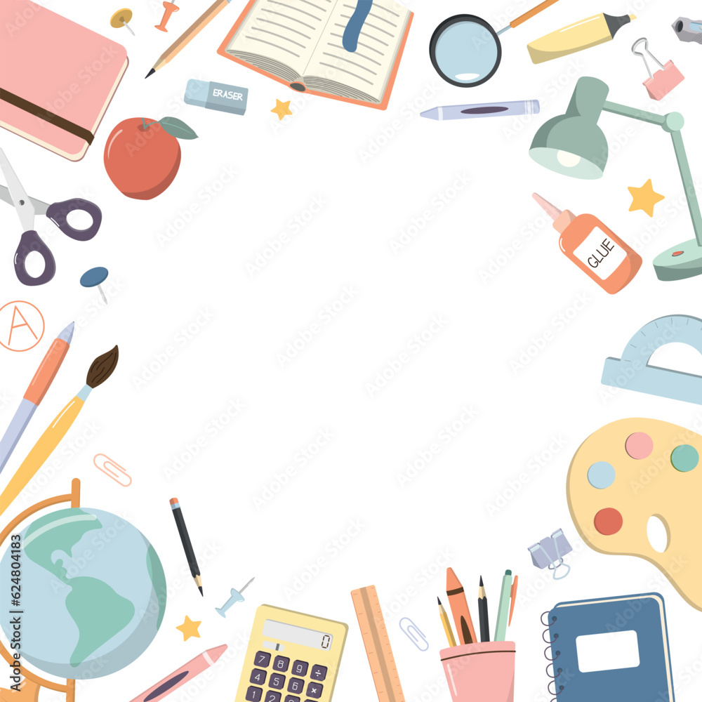 School supplies square card template. Vector illustration for Back to School theme. Isolated on white background. For web, flyers and sale banners