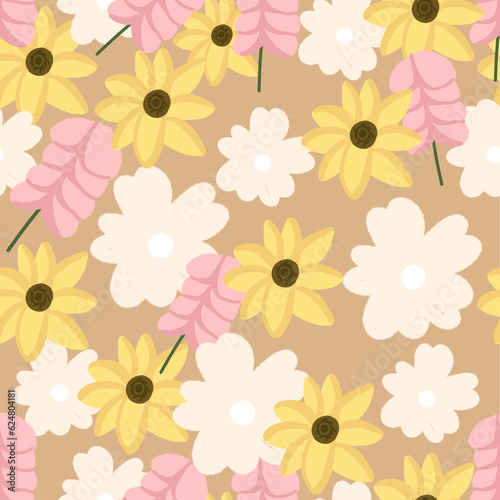 seamless pattern floral garden isolated on brown background