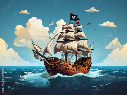 Vector style image of I want a pirate ship in the middle of the high seas with Generative AI photo