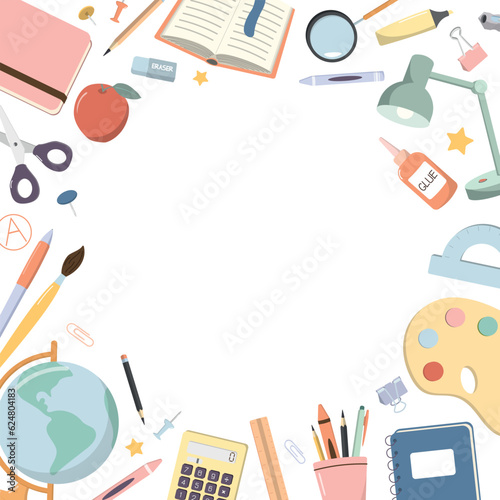 School supplies square card template. Vector illustration for Back to School theme. Isolated on white background. For web, flyers and sale banners