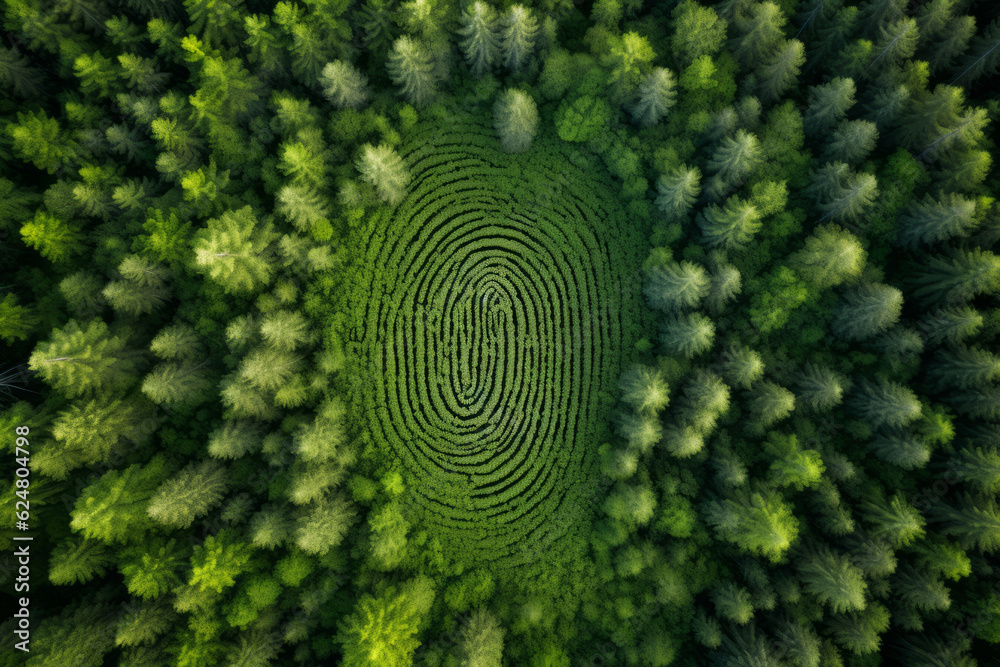 Aerial top down view of a green forest with human fingerprint in the middle , deforestation and human impact on nature biodiversity concept illustration - obrazy, fototapety, plakaty 