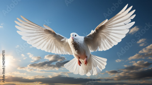 White dove flying up the sky with wing spread apart sunlight shining on it with blue sky background