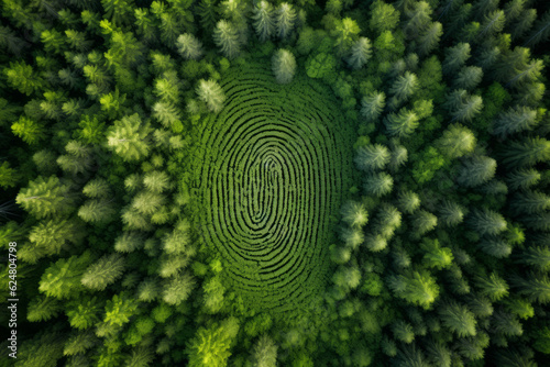 Aerial top down view of a green forest with human fingerprint in the middle , deforestation and human impact on nature biodiversity concept illustration #624804798