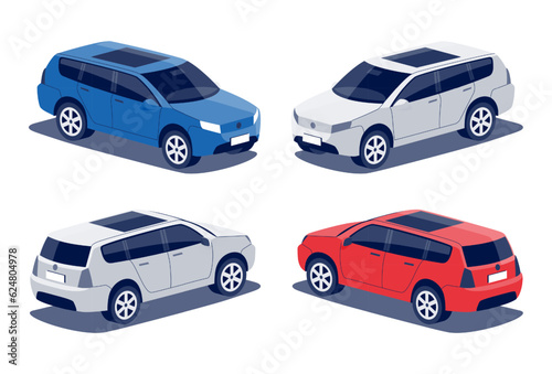 Modern passenger suv car. Mid size sport utility hatchback business vehicle, family car, crossover off-road. Isolated vector red and blue object icons on white background in isometric dimetric style. (ID: 624804978)