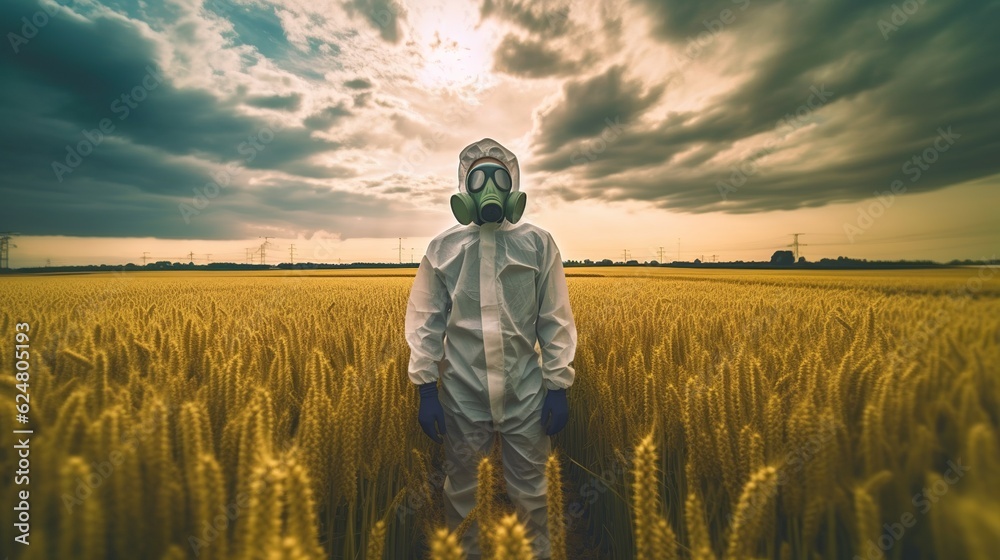 Person in a hazmat suit and gas mask standing in a wheat filed. Concept of toxic pesticide usage. Generative AI