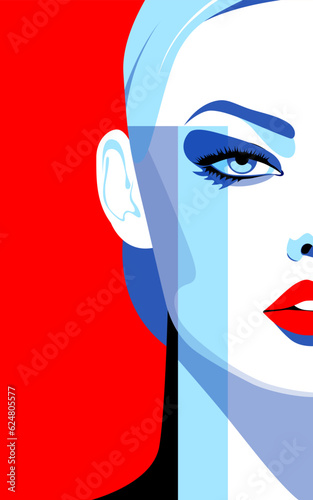 Beautiful young fashion woman with blond hair, blue eyes and red lipstick, minimalism. Abstract female portrait, contemporary design, vector illustration