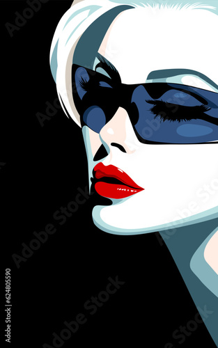 Beautiful young blond fashion woman with sunglasses and red lipstick, minimalism. Abstract female portrait, contemporary design, vector illustration