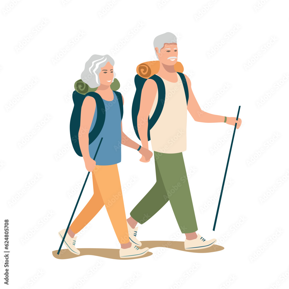 Happy elderly couple go hiking with backpacks. active pensioners. Vector illustration in a flat style on a white background. Happy elderly couple go hiking with backpacks. active pensioners. Vector illustration in a flat style on a white background.