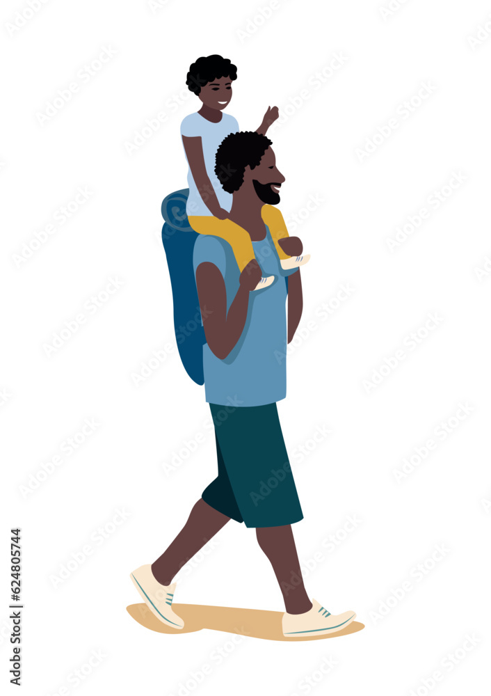 Happy dad with a baby on his shoulders go camping. Vector illustration of an active family on a white background. Happy dad with a baby on his shoulders go camping. Vector illustration of an active family on a white background.