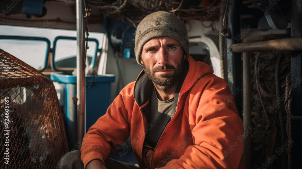 Portrait of adult fisherman on a trawler boat Portrait of adult fisherman on a trawler boat
