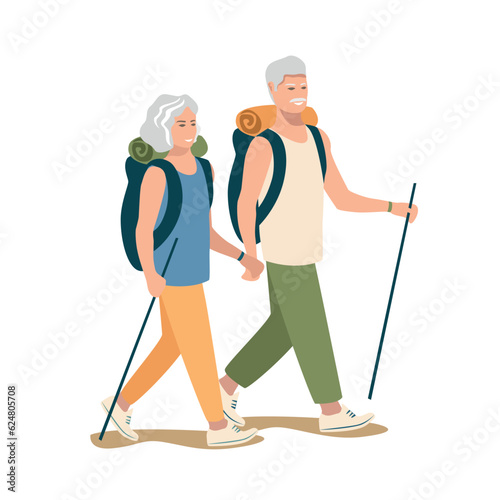 Happy elderly couple go hiking with backpacks. active pensioners. Vector illustration in a flat style on a white background.