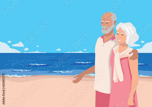 Happy elderly couple walking along the beach by the sea. Grandfather hugs grandmother on the background of the sea landscape. active pensioners. Summer rest. Vector illustration in a flat style.