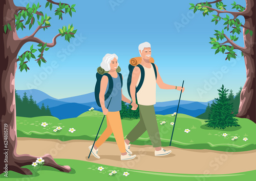 A happy elderly couple goes hiking along a forest path. active pensioners. Vector illustration in a flat style.