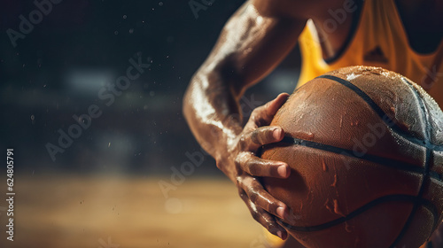 Close-up photo of a basketball player's hands dribbling the ball. Generative AI.