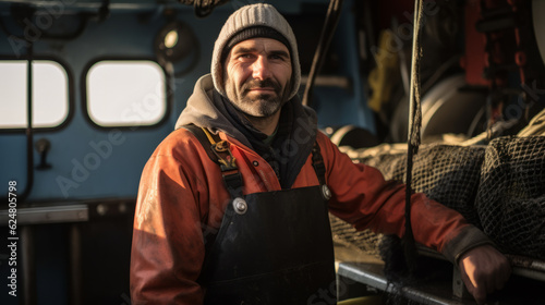 Foto Portrait of adult fisherman on a trawler boat