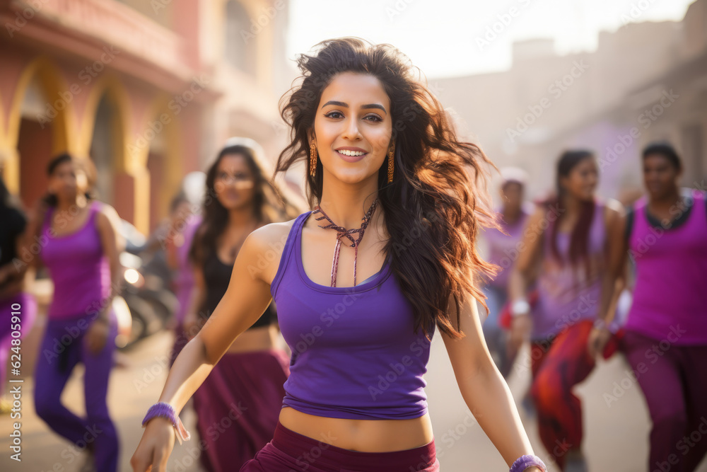 Young indian woman dancing zumba and wearing trendy purple workout clothes
