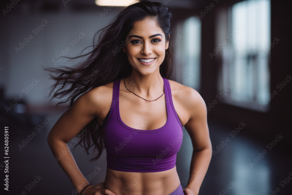 Young indian smiling happy woman at the gym and wearing trendy purple workout clothes