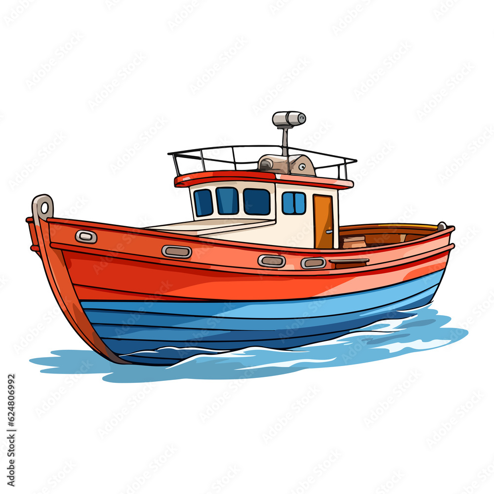 fisherman's boat In Cartoon Style, Boat Sticker fisherman's boat In Cartoon Style, Boat Sticker