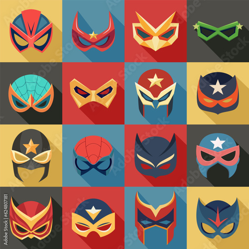 Vector Super Hero Masks Set in Flat Style with Long Shadow. Face Character, Superhero Comic Book Mask Collection. Superhero Photo Props, Women and Men Masks, Carnival Glasses