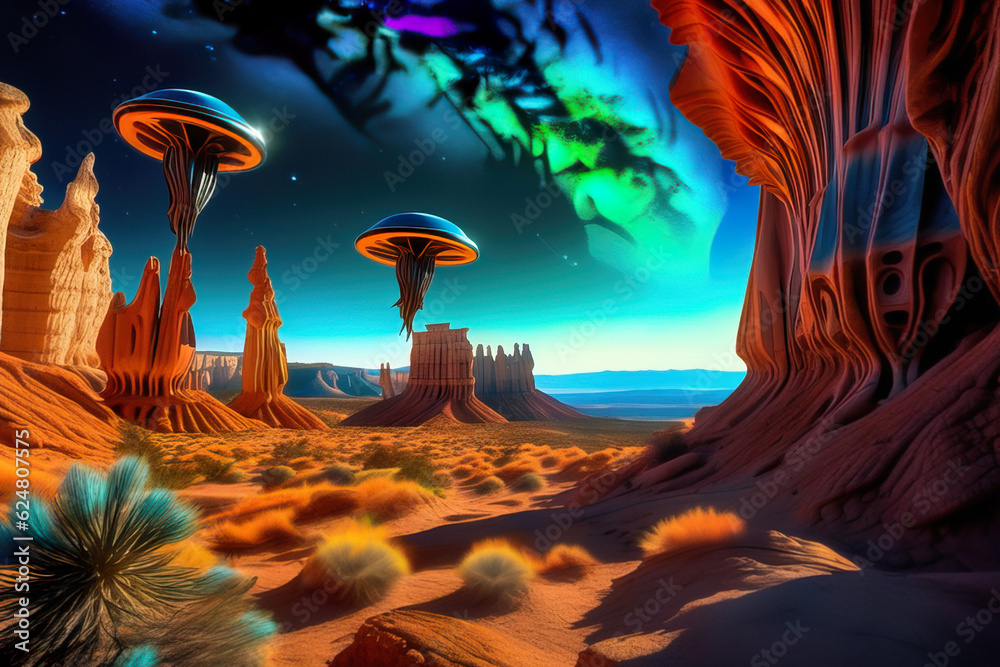 Bright Retro futuristic landscape. Mountains, rocks and unusual sky ...