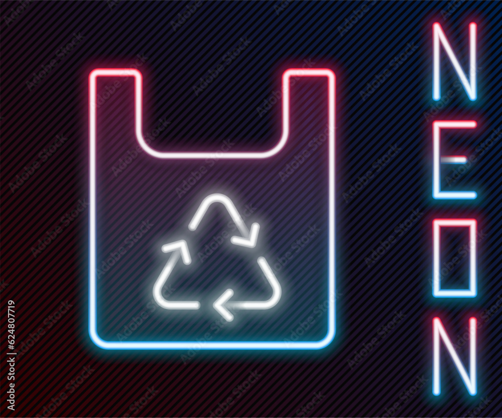 Glowing neon line Paper shopping bag with recycle icon isolated on black background. Bag with recycling symbol. Colorful outline concept. Vector Glowing neon line Paper shopping bag with recycle icon isolated on black background. Bag with recycling symbol. Colorful outline concept. Vector