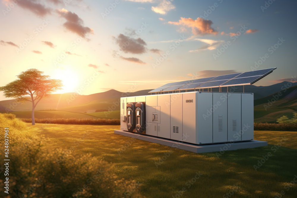 A separate energy storage building with batteries in the field. the concept of energy conservation, solar panels.