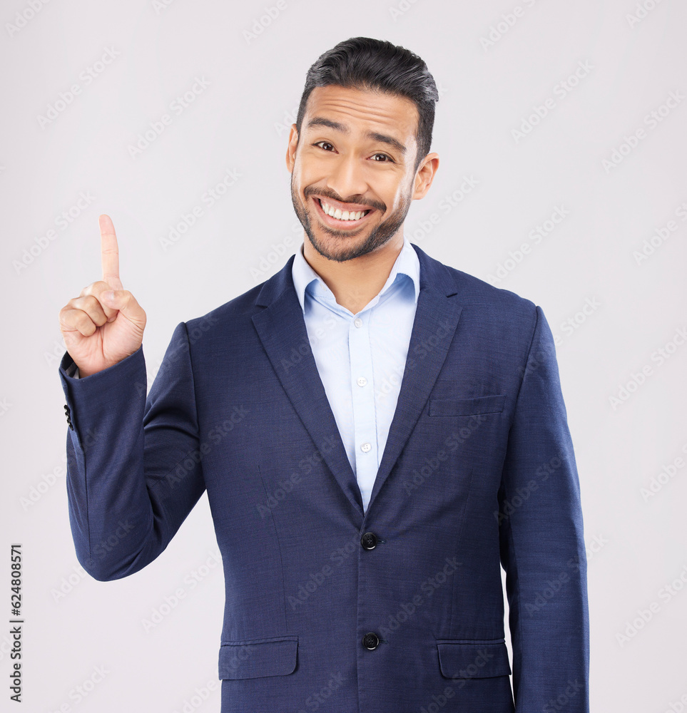 Confused, pointing and portrait with business man in studio for idea, advertising and news. Question, space and announcement with person on white background for promotion, mockup and information Confused, pointing and portrait with business man in studio for idea, advertising and news. Question, space and announcement with person on white background for promotion, mockup and information