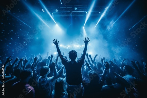 DJ raised his hands at night club party under blue . generative ai. © robertuzhbt89
