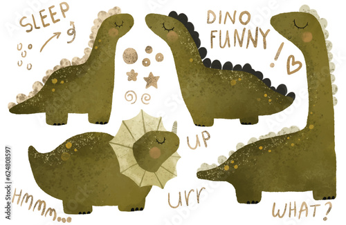 green dino illustration, dinosaur isolated clipart. Childish card with t rex. Ancient animal, zoo design. Cute childish illustration on white background