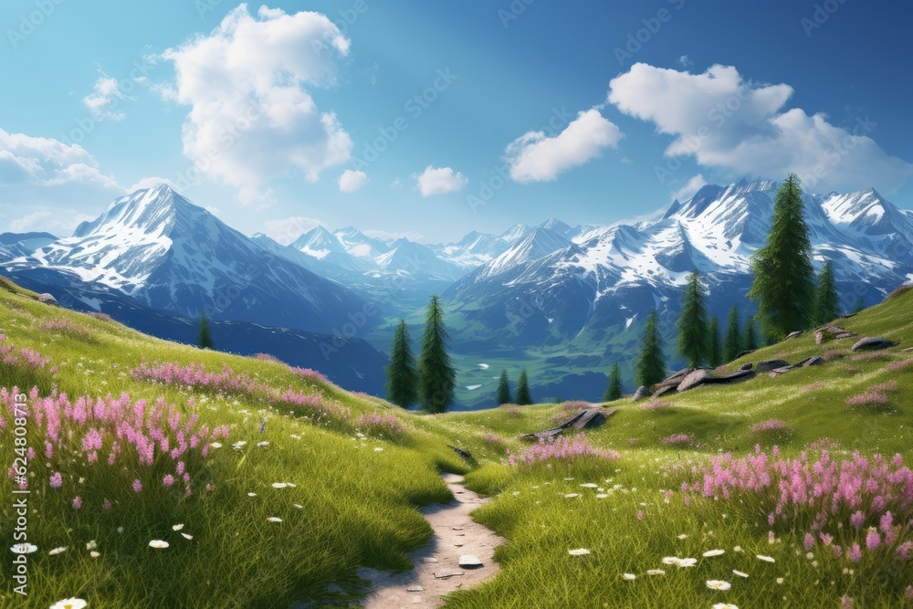 meadow with flowers against the background of snow-capped mountains. beautiful landscape generative ai.