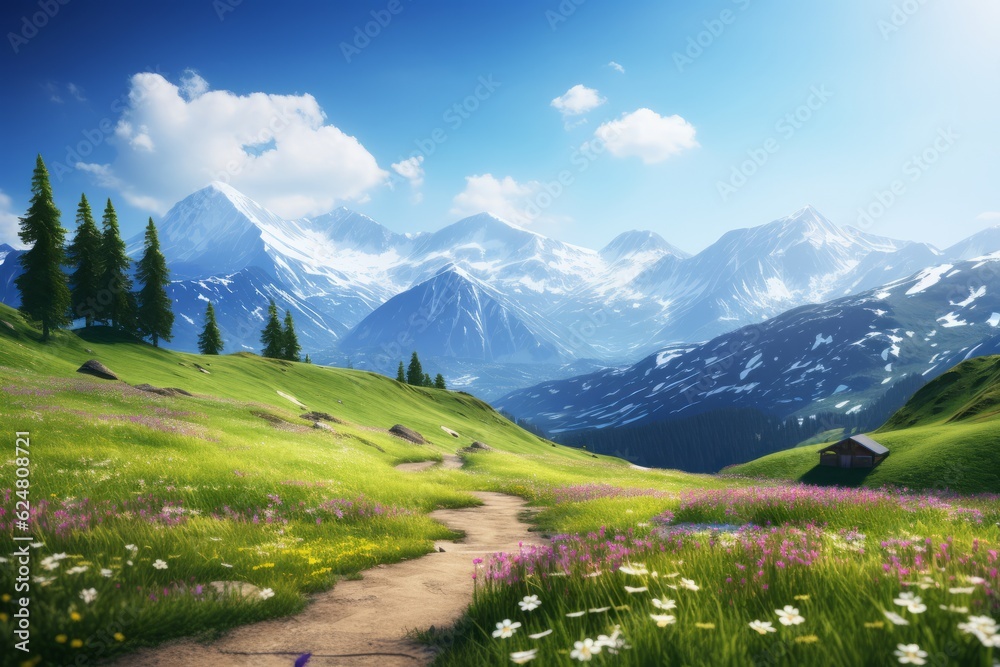 meadow with flowers against the background of snow-capped mountains. beautiful landscape generative ai.