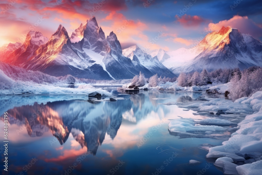 Winter landscape with snow covered rocks, fjord at night. Frozen sea coast at colorful sunset in Lofoten islands, Norway. Snowy mountains, ice, reflection in water, purple sky. generative ai.