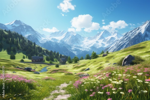 meadow with flowers against the background of snow-capped mountains. beautiful landscape generative ai. © robertuzhbt89