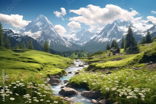 meadow with flowers against the background of snow-capped mountains. beautiful landscape generative ai. © robertuzhbt89