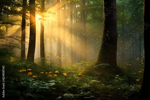 a dense forest in which the rays of the sun shine through. generative ai.