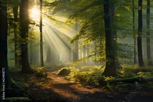 a dense forest in which the rays of the sun shine through. generative ai.