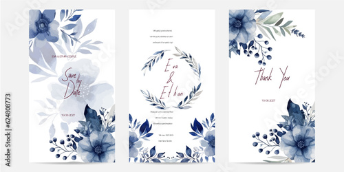 Corner of blue orchid flower arrangement on wedding invitation background. Rustic wedding card.